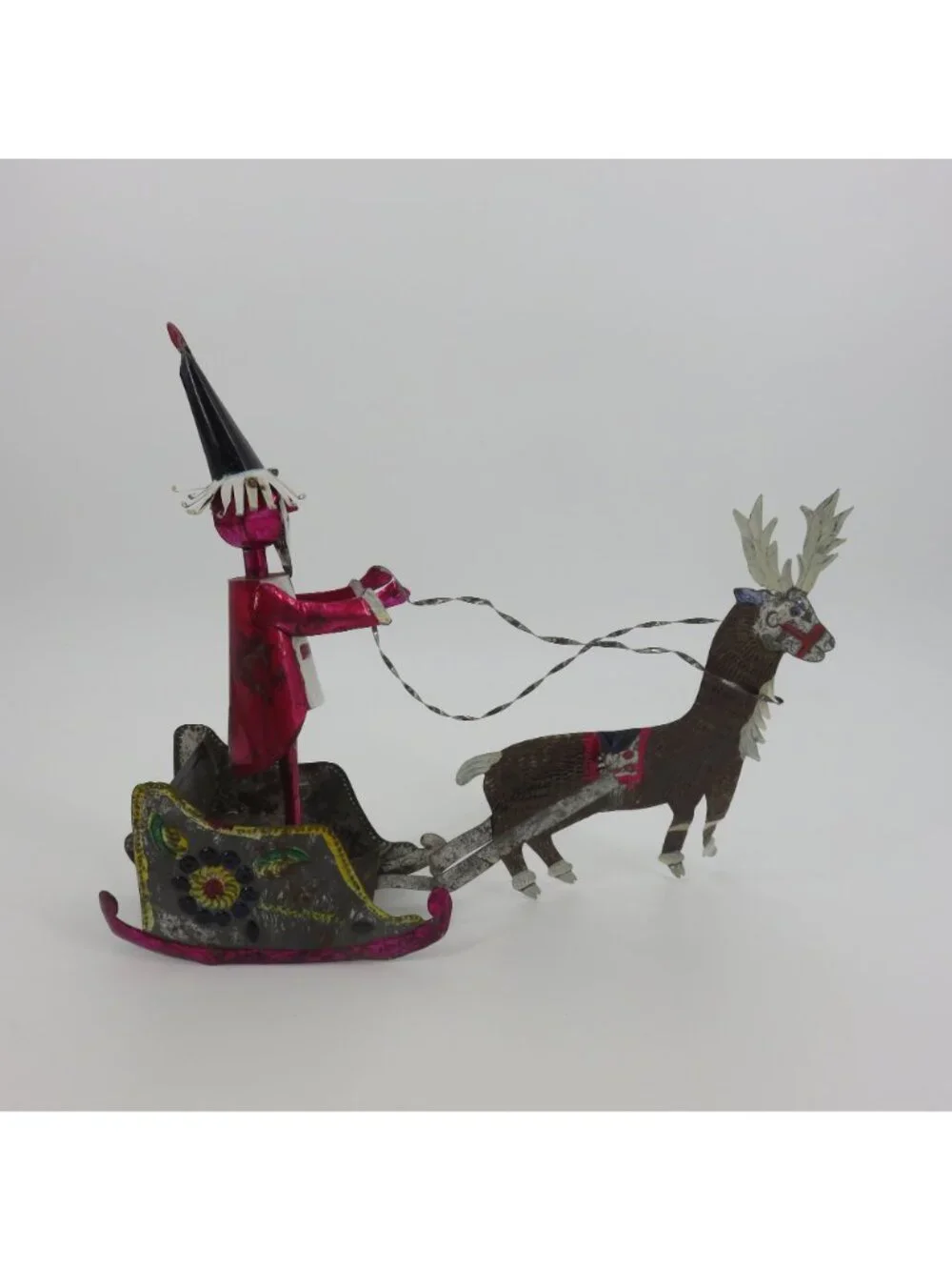 VTG Folk Art Santa Sleigh Reindeer Punched Punch Tin Christmas Holiday Mexico